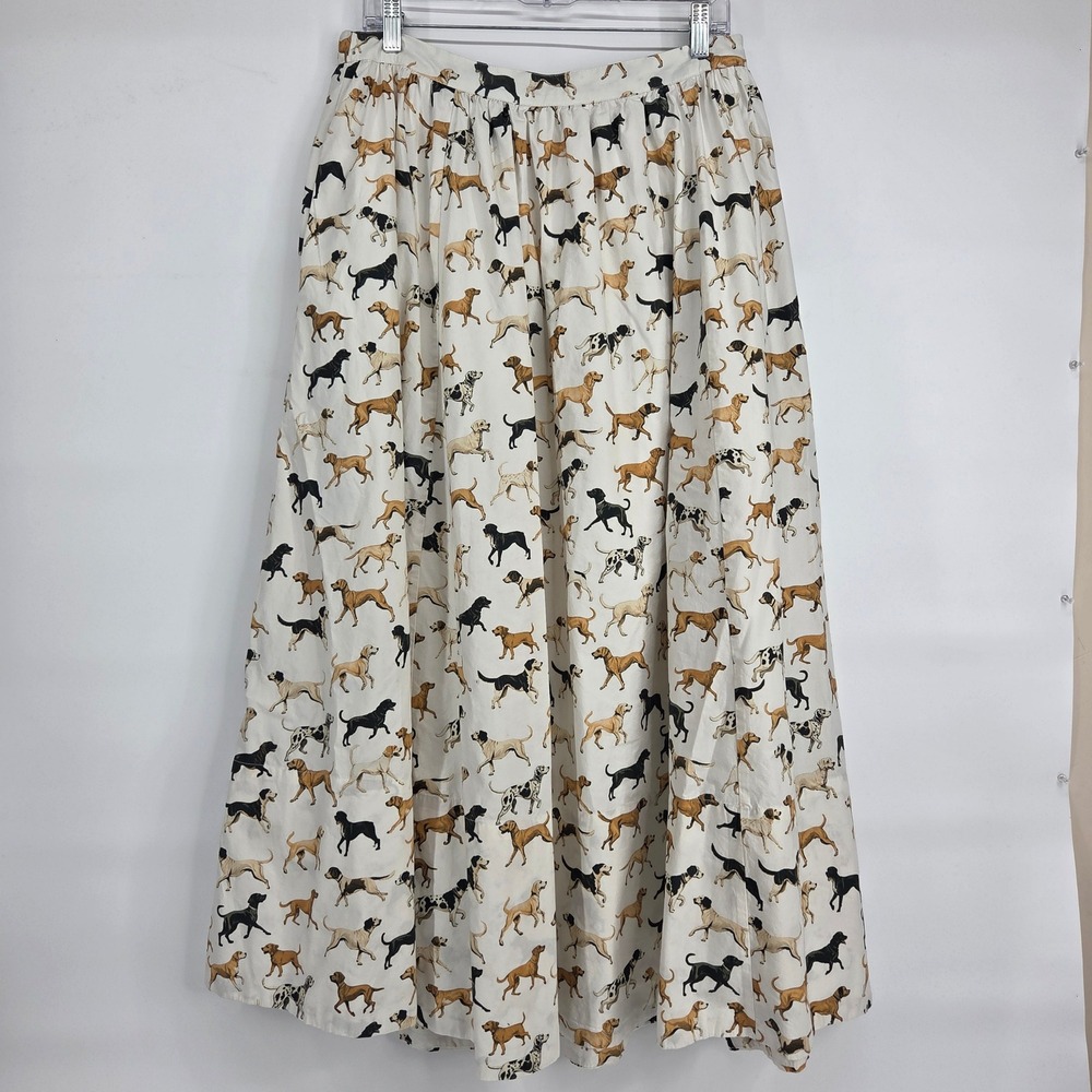 Maeve Maxi Skirt L White Dog Print Cotton Pockets Whimsical Eclectic Preppy